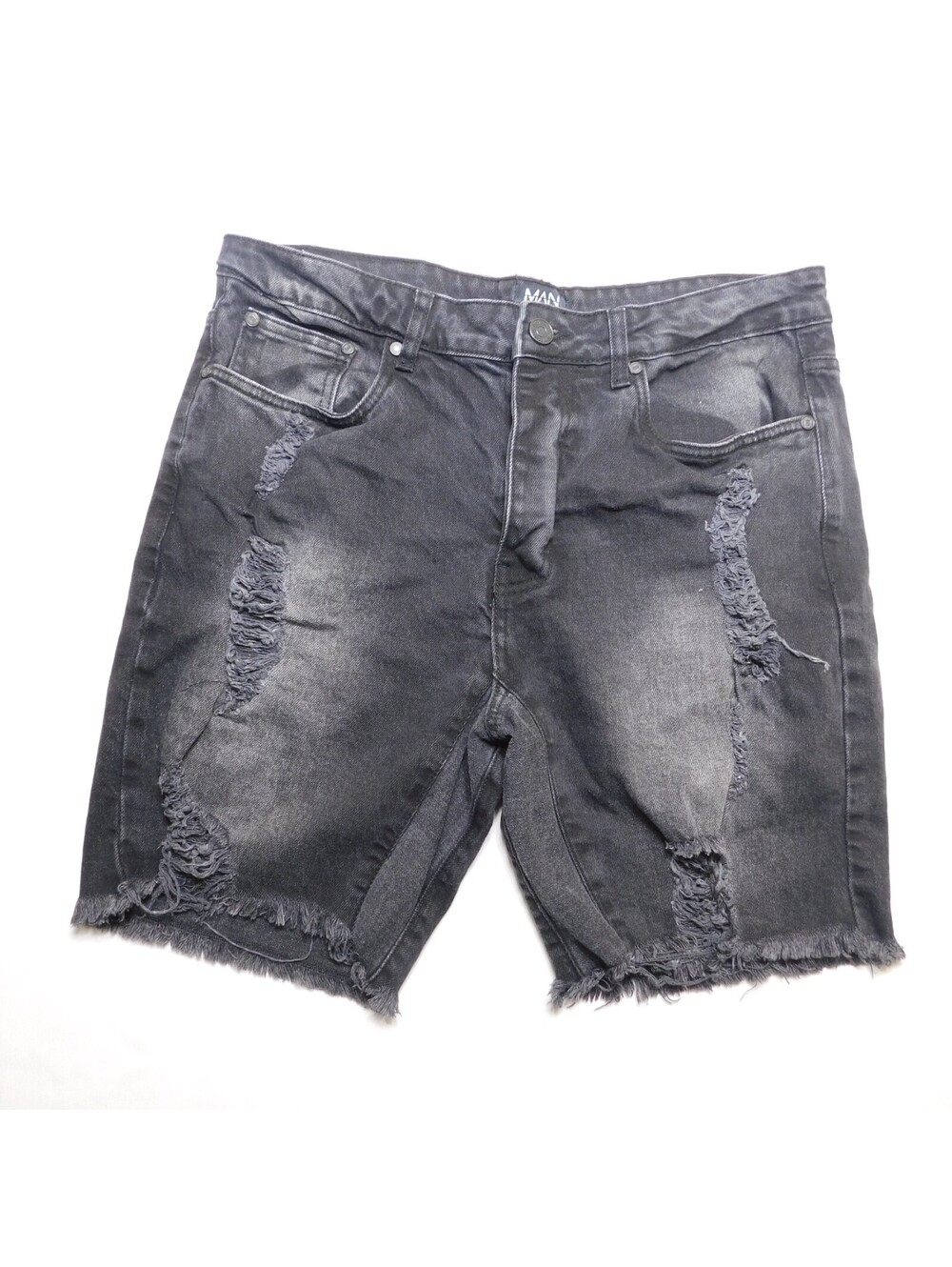 boohooMAN Men's Size 34 Distressed Denim Shorts Washed Black Ripped Jorts Cutoff